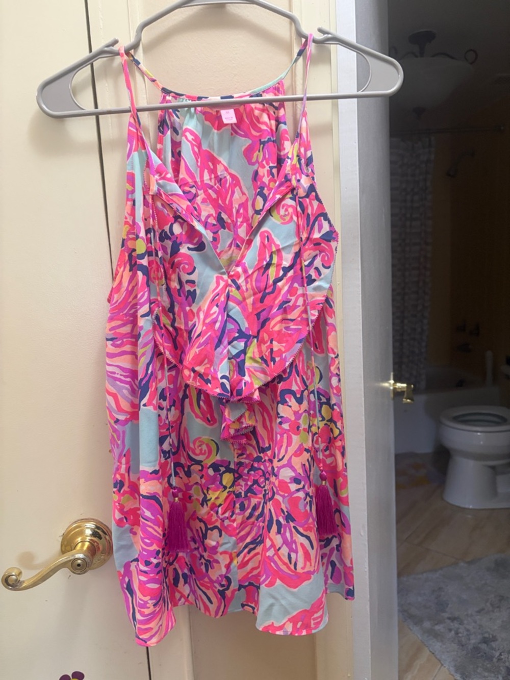 Lilly Pulitzer Pink Multi Floral Ruffle Halter Tank